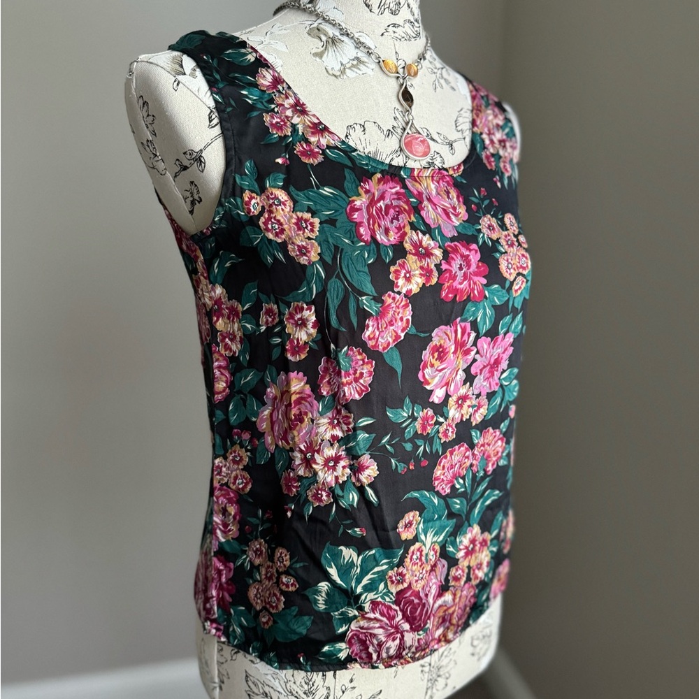 Vintage 90s SILX S Silk Floral Romantic Cottagecore Sleeveless Tank Top Blouse - Picture 3 of 6